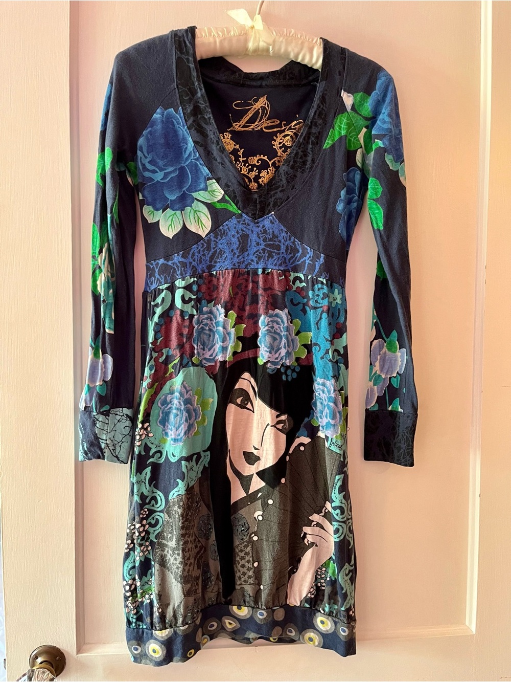 Desigual Navy Dress with Turquoise & Lime Embroidered Flowers & Woman with Fan